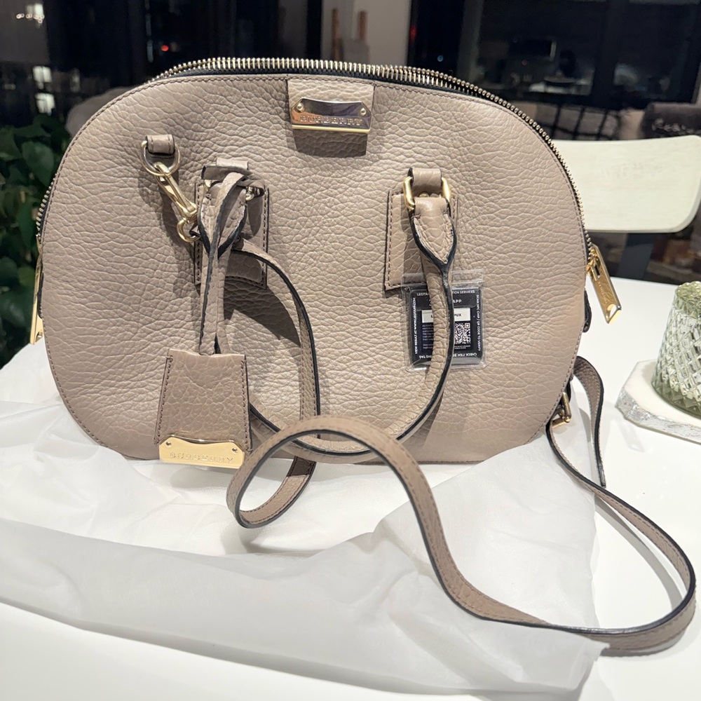 Burberry Taupe Pebbled Leather Crossbody with Gold Hardware With COA.